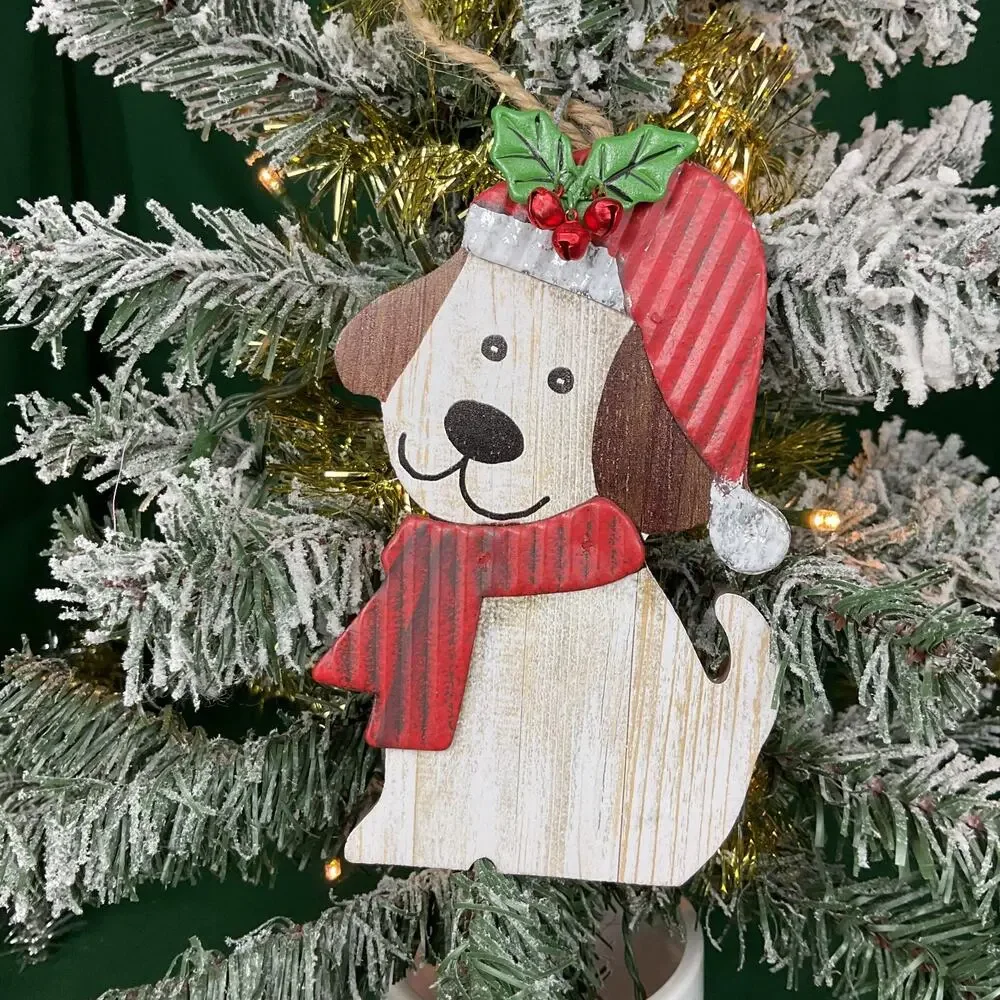 Rustic Wooden Dog with Corrugated Metal Santa Hat & Scarf Christmas Ornament